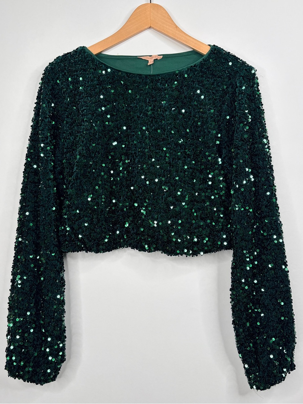 Emerald Sequin Cropped Long-Sleeve Blouse